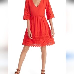 Madewell Women's Eyelet Lattice Dress V-Neck Bright Poppy Size 00 Red